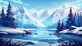 An illustration of a winter or spring nature panorama with snowy rocks, fir trees, lakes and flowing water. Modern Royalty Free Stock Photo