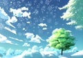 Illustration of a Winter Wonderland with a lone green Tree, Blue sky with white clouds