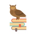 Illustration of wise owl sitting on the stack of books.