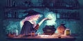 a witch cooking potion in a cauldron in the kitchen