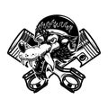 Illustration of the wolf biker with crossed pistons. Design element for logo, label, sign, emblem.