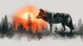 Illustration of wolf in double exposure of a forest silhouette.