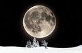 Illustration of a wolf jumping over snow with trees and a full moon plus stars in the background Royalty Free Stock Photo