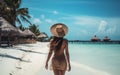 illustration of a woman on the beach of Maldives - concept of beach vacation. Generative AI