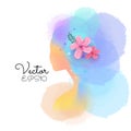 Illustration of woman beauty salon silhouette plus abstract watercolor.  Fashion logo. Digital art painting. Vector illustration Royalty Free Stock Photo