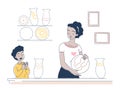 Illustration of a woman and child in a kitchen with decorative plates, concept of family bonding, in a flat graphic