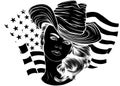 black silhouette of Woman with a cowboy hat and american flag Royalty Free Stock Photo