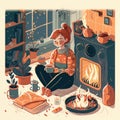 Illustration of woman cozy at home drinking a hot drink near the fireplace, hygge concept. Generative Ai