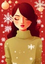 Illustration of a Woman in a Cozy Sweater with Brown Hair, Red Christmas Background, and Snowy Accents Royalty Free Stock Photo