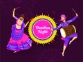 Illustration of woman dancing with dandiya stick and drummer playing drum dholak on purple bokeh lighting background. Royalty Free Stock Photo