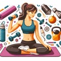 Illustration of a woman doing fitness with sports equipment.