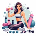 Colorful poster with a woman doing fitness and sports equipment.