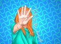 1990s Woman with Popular Gesture of Talk to the Hand Graphic Illustration and Text