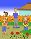 colored illustration of a woman harvesting flowers in front of two girls and an adult man