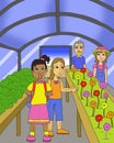 illustration of a woman harvesting flowers in front of two girls and an adult man