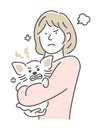 Illustration of a woman holding a dog | angry, frustrated