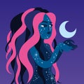 Illustration of a woman holding a moon in her hand - modern design - feminity and nature