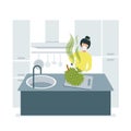 Illustration of a woman in the kitchen in a respirator and gloves cuts an exotic fruit durian with a knife. The girl Royalty Free Stock Photo