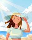 Illustration of woman lady use straw hat and white fashion at beach in summer vacation holiday Royalty Free Stock Photo