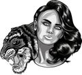 monochromatic woman with long hair and roaring wild tiger head