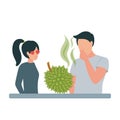 Illustration of a woman looking at a durian with a desire to eat it, a man standing nearby closes his nose from an Royalty Free Stock Photo