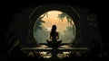 Illustration of woman meditating in a lotus position in a cave.