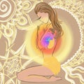 Illustration of woman meditating in yoga pose with inner advice and child