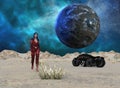 Illustration of a woman and a motorcycle on a barren world with a planet rising in the background