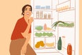 Illustration of a woman near the fridge full of healthy food Royalty Free Stock Photo