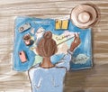 Illustration of a woman planning summer vacations with a world map Royalty Free Stock Photo