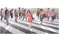 Illustration of woman in red dress crossing road with city crowd Royalty Free Stock Photo