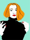 Portrait of a beautiful girl with red hair in a black dress. Vector illustration.