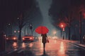 illustration, woman with red umbrella walking in the rain at night, ai generative Royalty Free Stock Photo