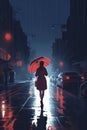 illustration, woman with red umbrella walking in the rain at night, ai generative Royalty Free Stock Photo