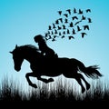 Illustration of woman riding a horse and birds flying Royalty Free Stock Photo