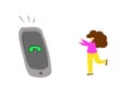 Illustration woman runs to mobile phone, concept of communication, handwritten metaphor color Royalty Free Stock Photo