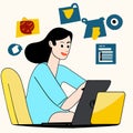 Illustration of a woman shopping online using her laptop. Surrounded by icons