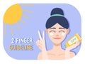 Illustration of woman shows how to apply sunscreen on the face in flat style. Girl holds SPF cream in her hand and shows