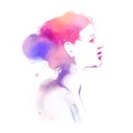 Illustration of woman silhouette plus abstract watercolor. Fashion logo. Digital art painting Royalty Free Stock Photo