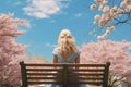 illustration of a woman sitting on bench in spring time park. Generative AI Royalty Free Stock Photo