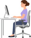 Flat Illustration Woman Sitting at Desk Using Computer Correct Posture Royalty Free Stock Photo