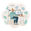 Illustration of woman sitting at desk and working. Rear view of professional.