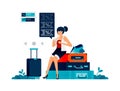 Illustration of woman sitting on pile of suitcases and choosing discounted plane tickets for vacation leave, buying holiday Royalty Free Stock Photo