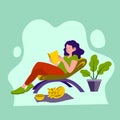 Illustration of a woman sitting relaxed reading a book at home