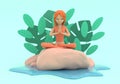 Illustration of a woman sitting on a rock among tropical leaves by the water. The concept of relaxation, yoga. 3D Render