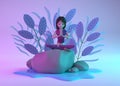 Illustration of a woman sitting on a rock among tropical leaves by the water in neon lighting. The concept of relaxation, yoga. 3D