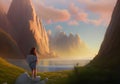 An Illustration of a Woman in a Stunning Mountain Landscape At Sunset Royalty Free Stock Photo