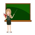 Illustration of a woman teacher at a chalkboard. Holding book and stick. Royalty Free Stock Photo