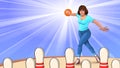 Illustration of a woman in blue jeans throwing a bowling ball on the playing field, a girl playing bowling, bowling pins Royalty Free Stock Photo