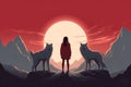 Illustration woman with two wolves facing the moon. Red sky and full moon with mountains..